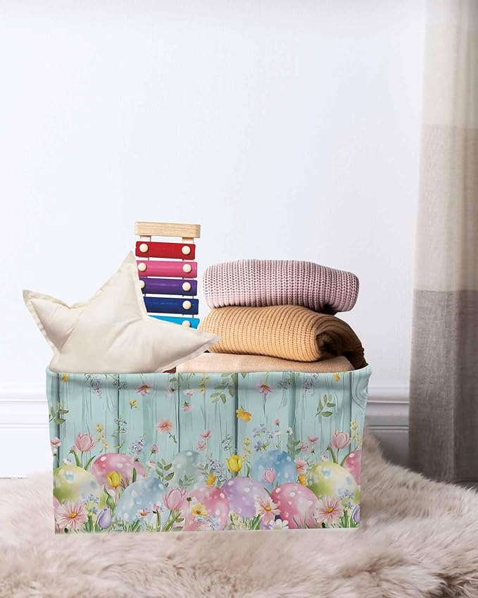 Easter Eggs Storage Bins Cubes Waterproof Cloth Storage Basket,Spring Daisy Eucalyptus Leaves Teal Wooden Foldable Storage Bags for Shelf Clothes Storages Organizers with Handles 15x11x9.5 in 2PCS