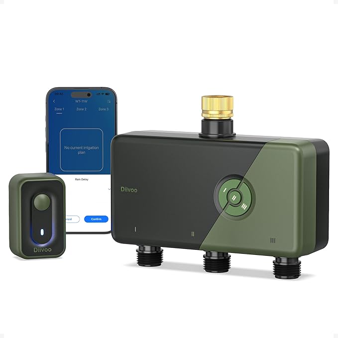 Diivoo Smart WiFi Sprinkler Timer for Garden, 3 Zone Brass Inlet Hose Timer Compatible with Alexa & Google Assistant, 18 Custom Schedules, Rain Delay & Mist Mode for Lawn/Plants (2.4GHz Only)