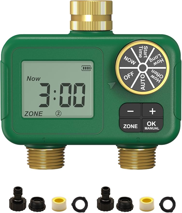MOES 2 Zone Water Timer for Garden Hose, Heavy Duty Solid Brass Inlet & Outlets, Programmable Sprinkler Timer Battery Operated, Automatic Dual Faucet Valve with Sequential Watering (Non-WiFi)
