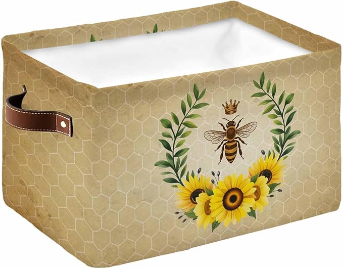 Sunflowers Storage Bins Cubes Waterproof Cloth Storage Basket,Farmhouse Bees Spring Summer Watercolor Floral Leaf Foldable Storage Bags for Shelf Storages Organizers with Handles 15x11x9.5 in 1PCS