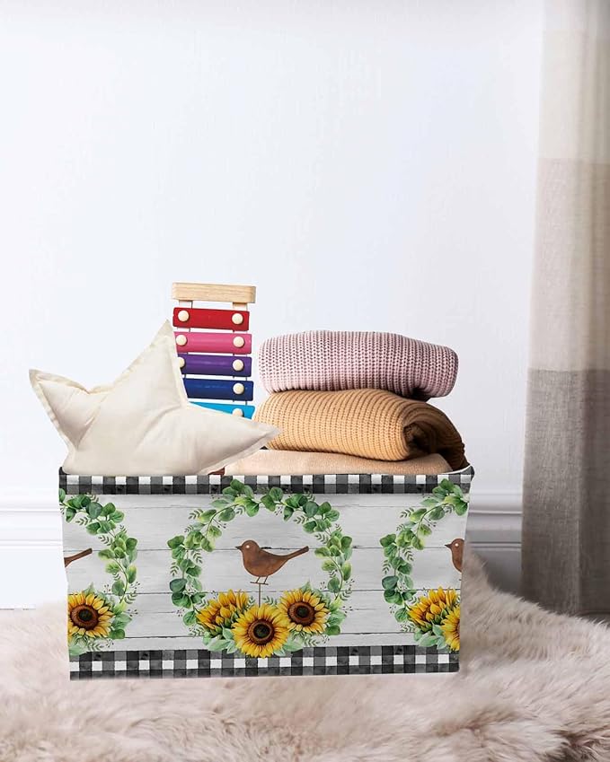 Spring Eucalyptus Sunflower Storage Bins Cubes Waterproof Cloth Storage Basket,Farmhouse Birds Gray Wood Foldable Storage Bags for Shelf Clothes Storages Organizers with Handles 15x11x9.5 in 2PCS