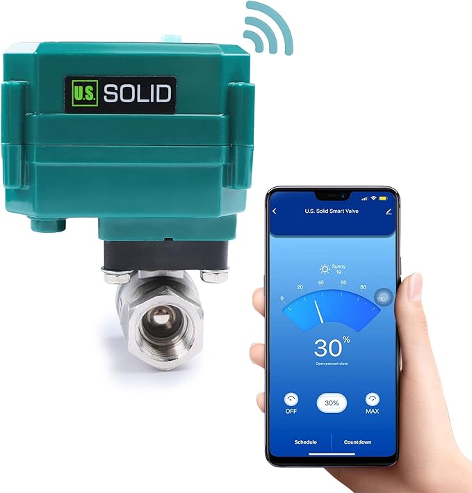 U.S. Solid 1/2" Smart Motorized Ball Valve - Remote App Mobile Control NSF Certified 304SS Electrical Ball Valve with Manual Switch, 5V DC USB Connection