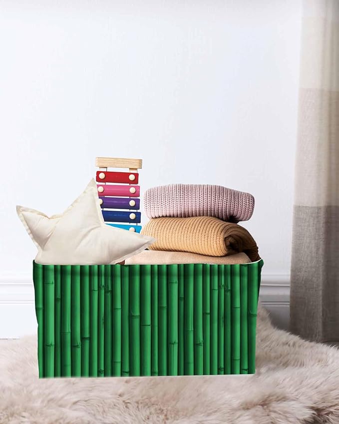 Retro Green Storage Bins Cubes Waterproof Cloth Storage Basket,Vintage Rustic Plants Trees Lines Pattern Foldable Storage Bags for Shelf Clothes Storages Organizers with Handles 15x11x9.5 in 1PCS