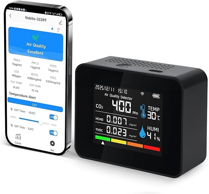 Smart Air Quality Monitor, Indoor Air Quality Meter with HCHO, CO2, PM2.5 PM10,PM1.0, TVOC, AQI, Temperature & Humidity,Time&Date,Alarm, 1-Year Data Storage, App Control for Home & Office
