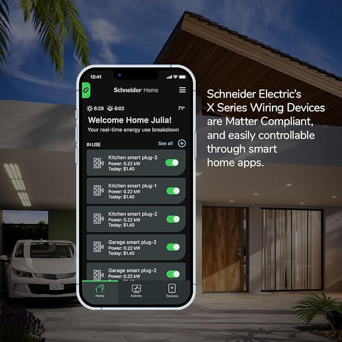 Square D by Schneider Electric X Series 15 Amp WiFi Energy Monitoring Light Switch, Single-Pole/3-way, 600 Watt, Rocker, Matter Certified, Works with Alexa, Google Home, Apple Home, Matte Light Almond