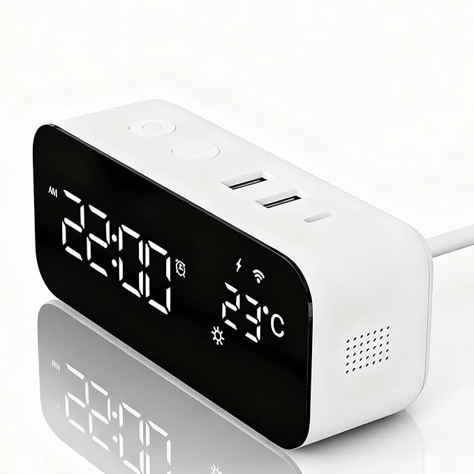 Smart Wifi Alarm Clock with Timer, USB 2A+1C Fast Charging, 2AC Smart Port, App Remote Control, Digital LED Large Screen Power-off Countdown Timer, Snooze Alarm, Time, Weather and Temperature Display