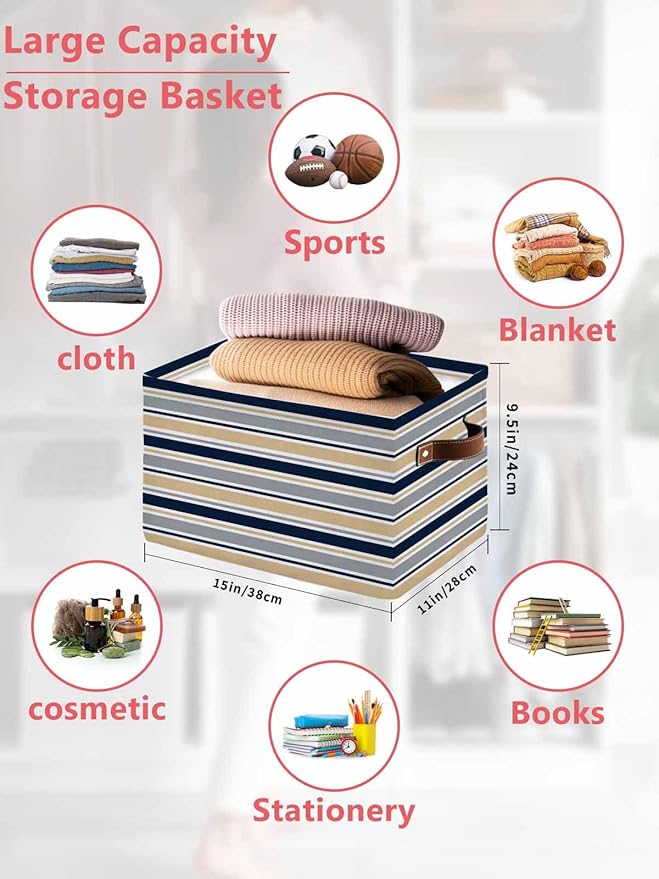 Khaki Grey Striped Storage Bins Cubes Waterproof Cloth Storage Basket,Navy Blue Farmhouse Stripes Abstract Art Foldable Storage Bags for Shelf Storages Organizers with Handles 15x11x9.5 in 2PCS