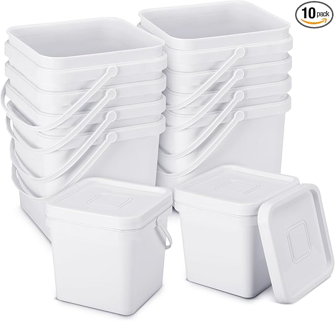 Suzile 10 Pcs 2.2 Gallon Square Bucket with Lid Food Grade Plastic Bucket 10L Utility Industrial Pail with Handle Container for Food Oil Tub Water Fishing Paint House Cleaning Car Washing(White)