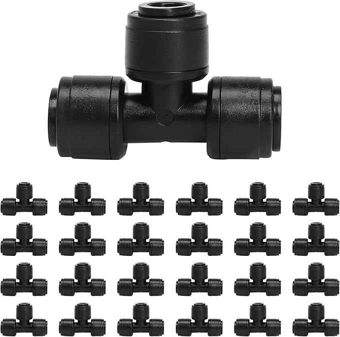 MIXC 24 Pack 1/4" Drip Irrigation Connectors, Quick Connect Fittings for 1/4 Inch Drip Tubing, Push-to-Fit Tee Fittings for Sprinkler & Irrigation Systems(1/4'' Brbed Tee Connectors-24P)