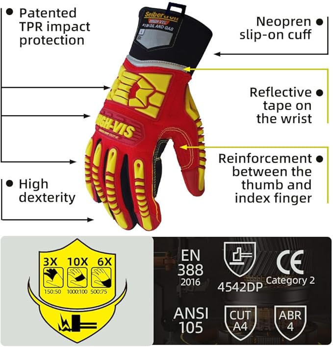 Seibertron High-Vis Series Cut Resistant Reducing Anti-Impact Mechanics Heavy Duty Safety Rescue Oil and Gas Gloves