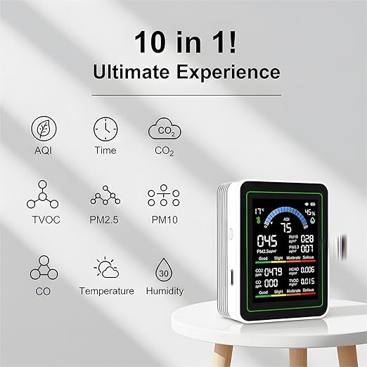 10 in 1 Smart Air Quality Monitor Indoor,Professional Air Quality Test Kit with | TVOC | HCHO | Temp | AQI | PM2.5 | PM0.3 | PM10