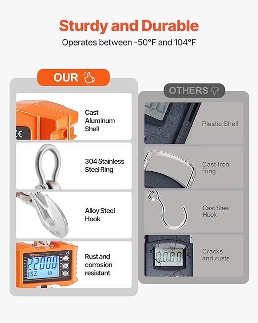 VEVOR Digital Crane Scale, 2200 lbs/1000 kg, Industrial Heavy Duty Hanging Scale with Remote Control, Cast Aluminum Case & LCD Screen, High Precision for Construction, Factory, Farm, Hunting (Orange)
