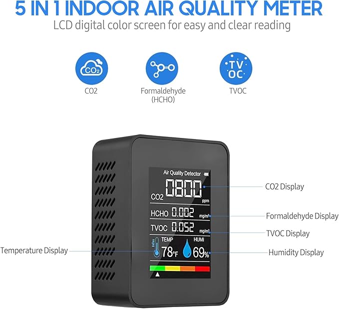 Prefessionall Indoor Air Quality Monitor, 5 in 1 Portable Smartair Quality Tester for CO2 | TVOC | HCHO | Temp | Hum for Home Cars Plants and Pets So On (Black)