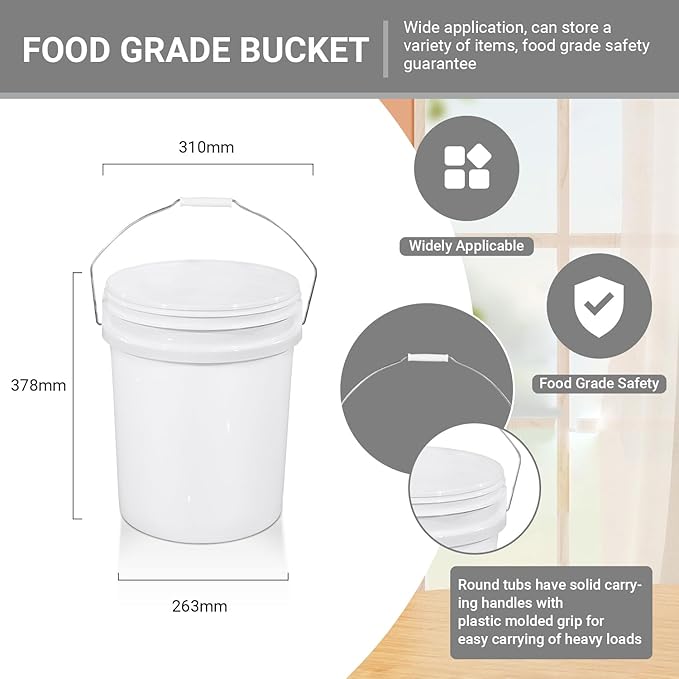 3 Pack 5 Gallon Plastic Buckets with Metal Handle, Food Grade Bucket for Food Storage, Pet Dog/Cat Food Container, Water Bucket, Cleaning Bucket for Home, Garage & Outdoor Use