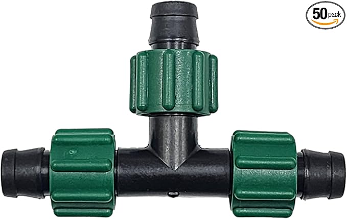USA Made - Premium Drip Tape Irrigation Tubing 3 Way TEE 50 Pack Connector (5/8" or .625" - .645") Universal Perma-Loc Connector Barbed Locking Fitting - Fits All Brands 16mm Drip Tape AG Tubing