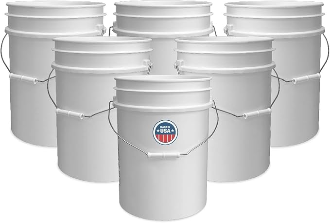 ePackageSupply 5 Gallon Bucket - Food Grade Bucket, Metal Handle Grip, BPA-Free, Heavy-Duty 90 Mil HDPE Plastic Pail, Stackable Utility Container, Made in USA, Lid Not Included, White, 6 Packs
