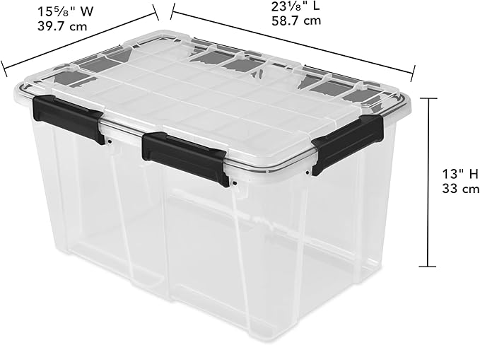 54 Quart Waterproof Clear Plastic Storage Bin with Gasket Seal & Durable Latches – Large Gasket Box for Home Organization, Black 2 Pack