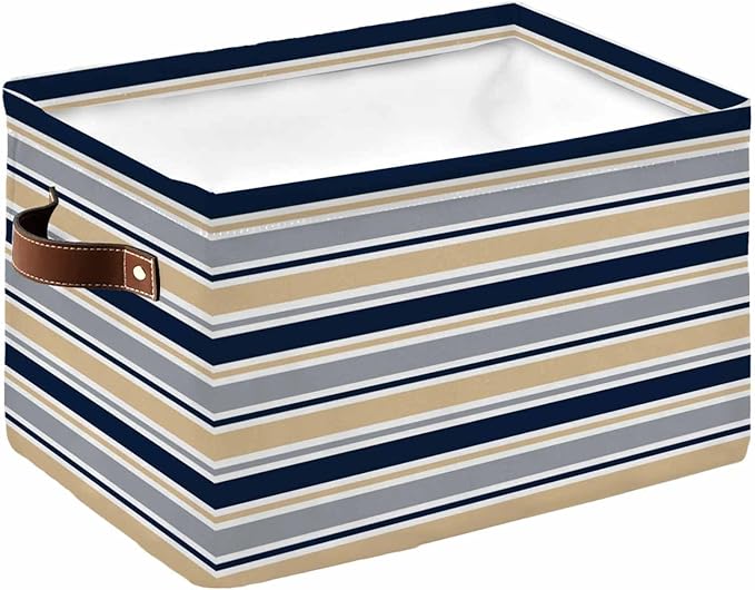 Khaki Grey Striped Storage Bins Cubes Waterproof Cloth Storage Basket,Navy Blue Farmhouse Stripes Abstract Art Foldable Storage Bags for Shelf Storages Organizers with Handles 15x11x9.5 in 1PCS