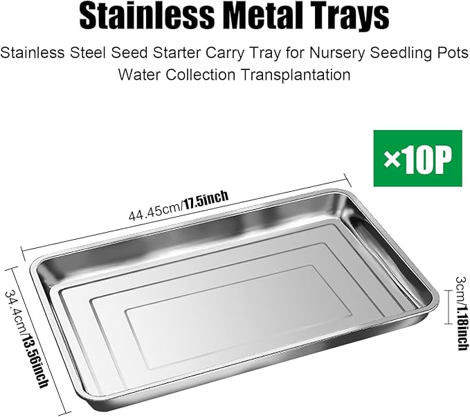 RooTrimmer 10 Pack Large Stainless Steel Seedling Trays, Heavy Duty Metal Water Catch Trays for Nursery Pots Transplant, Seed Germination & Propagation Flats (17.5 inch×13.56 inch, 1.18" Height)