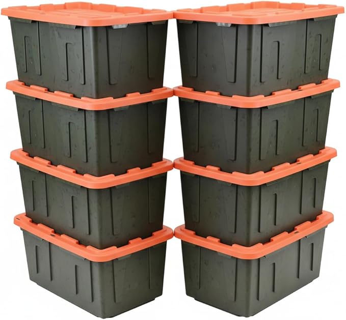 27 Gallon Heavy Duty Storage Container with Lid, Plastic, Durable and reusable, used indoor and outdoor, 20.6" D x 30.6" W x 14.3" H, 4 Pack Or 8 Pack ! (Orange and Camo, 8 Pack)