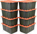 27 Gallon Heavy Duty Storage Container with Lid, Plastic, Durable and reusable, used indoor and outdoor, 20.6" D x 30.6" W x 14.3" H, 4 Pack Or 8 Pack ! (Orange and Camo, 8 Pack)