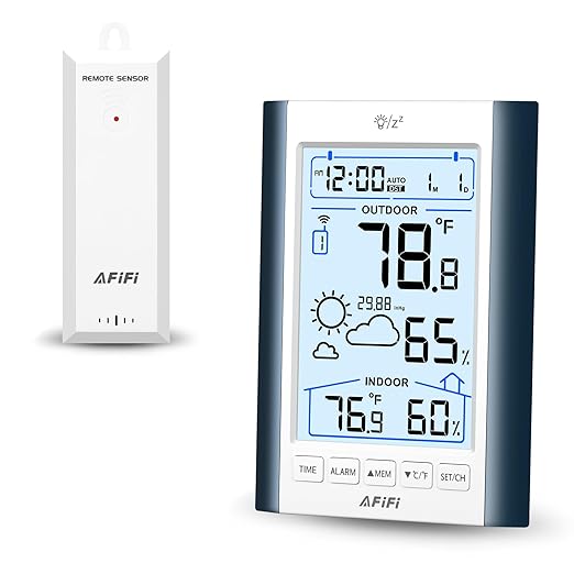 Indoor Outdoor Thermometer Hygrometer Wireless Weather Station - Inside Outside Thermometers Hygrometer Monitor with 330ft Remote Sensor, Battery Powered, Backlight Display (Blue)