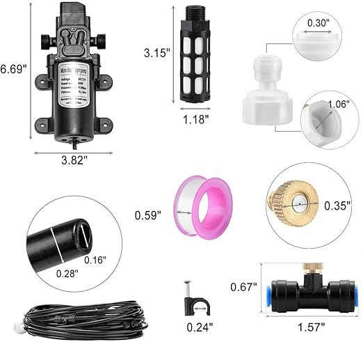 Mornajina Outdoor Misting Cooling System with Pump Kit, 49.2FT(15M) Misting Line with Filter, 20 Brass Mist Nozzles, 1 Brass Adapter (3/4"), 12V DC 60W 5L/Min, Self Priming Sprayer Water Pump
