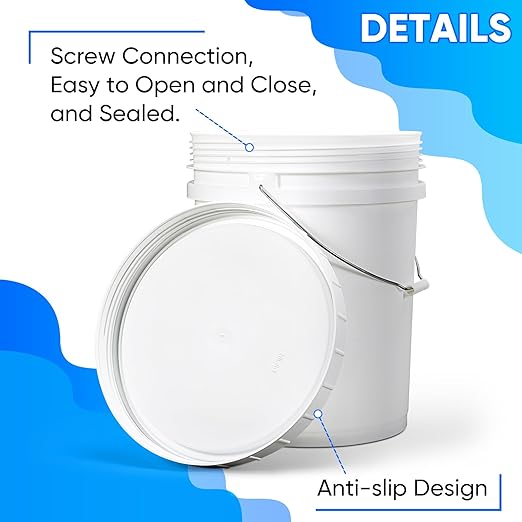 DEMORA 5 Gallon Bucket with Screw Lid, Heavy Duty Plastic Buckets Containers for Food Storage, Plastic Pail with Metal Handle for Water, Cleaning, Car Wash, Paint, Gardening, BPA Free (White, 3 Pack)