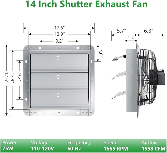 Shutter Exhaust Fan with Thermostat & Speed Control, 1558 CFM,1665 RPM, Upgrade 14 inch Wall Mount Attic Vent Fan for Chicken Coops, Greenhouse, Gable, Barn, Garage, Shed Ventilator