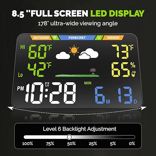 EnvyBox WiFi Weather Station 8.5" LED Display | Privacy-Focused, No App Required, Syncs Weather & Calendar for Home/Office | Dual Power, Black