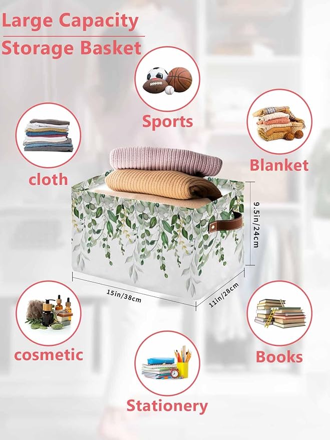 Sage Green Eucalyptus Storage Bins Cubes Waterproof Cloth Storage Basket,Watercolor Spring Weeping Botanical Foldable Storage Bags for Shelf Clothes Storages Organizers with Handles 15x11x9.5 in 2PCS