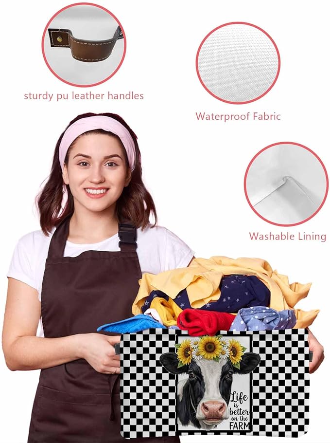 Farmhouse Cows Storage Bins Cubes Waterproof Cloth Storage Basket, Sunflower Daisy White Black Plaid Foldable Storage Bags for Shelf Closet Clothes Organizers with Handles 15x11x9.5 in 1PCS