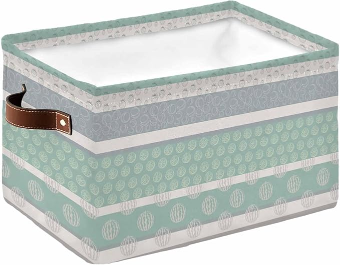 Farm Fruits Storage Bins Cubes Waterproof Cloth Storage Basket,Watermelon Lemons Peach Green Grey Striped Foldable Storage Bags for Shelf Clothes Storages Organizers with Handles 15x11x9.5 in 1PCS