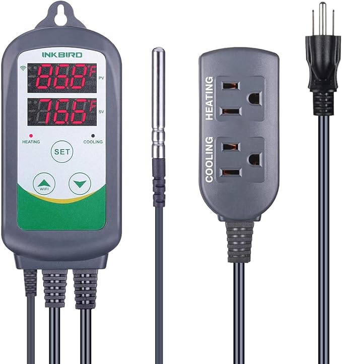 Inkbird WiFi Temperature Controller ITC308 Reptile Freezer Thermostat Digital Heating and Cooling Heater Cooler Greenhouse Plug Outlet 2 Stage 1100W 110V