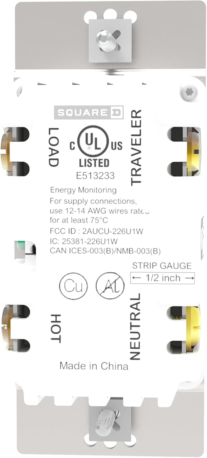 Square D by Schneider Electric X Series 15 Amp WiFi Energy Monitoring Light Switch, Single-Pole/3-way, 600 Watt, Rocker, Matter Certified, Works with Alexa, Google Home, Apple Home, Matte Black