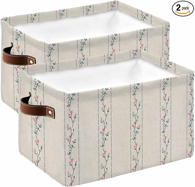 Beige Flower Branch Storage Bins Cubes Waterproof Cloth Storage Basket, Spring Summer Farmhouse Botanical Foldable Storage Bags for Shelf Closet Clothes Organizers with Handles 15x11x9.5 in 2PCS