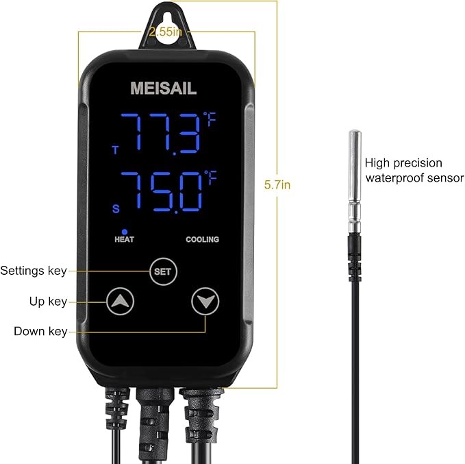 Digital Temperature Controller 2-Stage Outlet Thermostat Heating and Cooling Mode Carboy Homebrew Fermenter Greenhouse Terrarium 110V 10A (S10B-B)