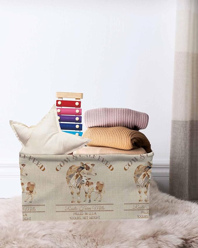 Beige Farm Animals Storage Bins Cubes Waterproof Cloth Storage Basket, Vintage Cow Farmhouse Foldable Storage Bags for Shelf Closet Clothes Storages Organizers with Handles 15x11x9.5 in 2PCS