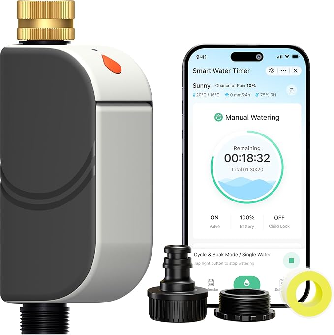 Smart Bluetooth Water Timer for Garden Hose, Heavy-Duty Brass Inlet Water Hose Timer Outdoor, Set & Forget Programmable Irrigation Controller with App, One-Button Manual Watering, IP65 Waterproof