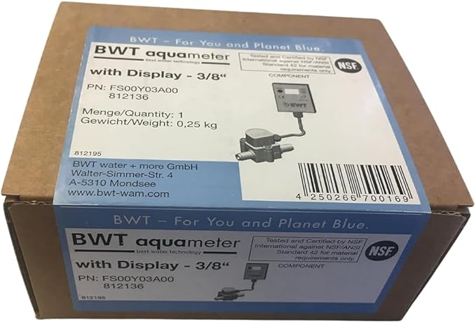 BWT Aquameter LF Water Filter Meter 3/8" with LCD Display – Low Flow (10–100 l/h) – For Espresso Machines – Compatible with BWT Bestmax & Besttaste Filters
