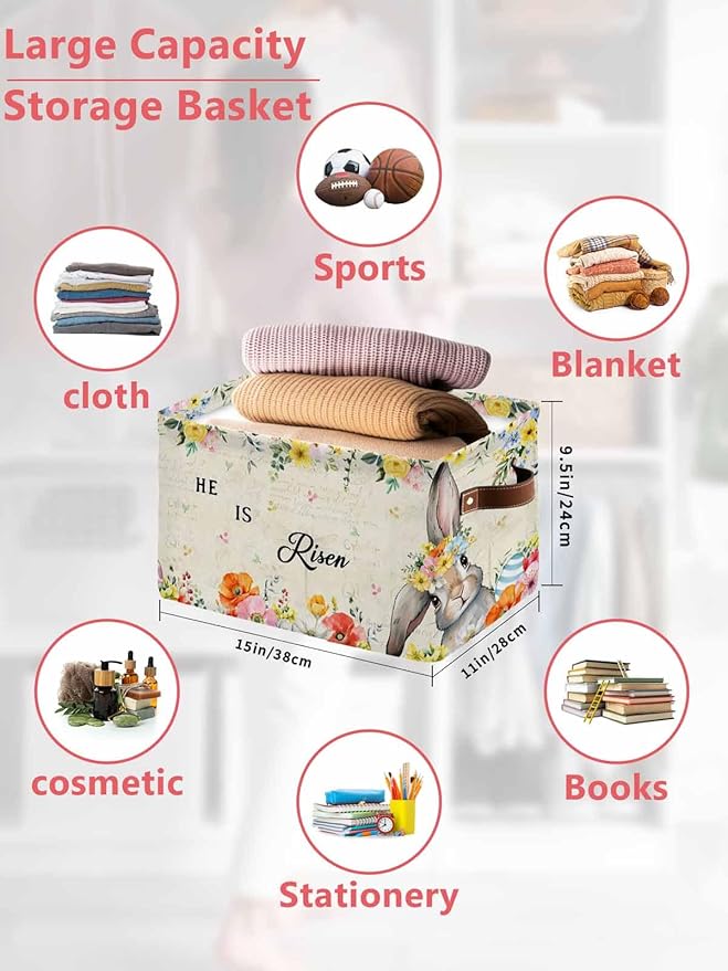 Easter Storage Bins Cubes Waterproof Cloth Storage Basket, Spring Watercolor Vintage Bunny Eggs Flower Foldable Storage Bags for Shelf Closet Clothes Storages Organizers with Handles 15x11x9.5 in 2PCS