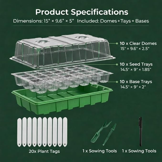 Gardzen 10 Pack 40 Cell BPA Free Seed Starter Tray Kit - Reusable Plant Germination Trays with Adjustable Vents, Sowing Tool & Labeling Set for Indoor Gardening Vegetables Herbs Flowers