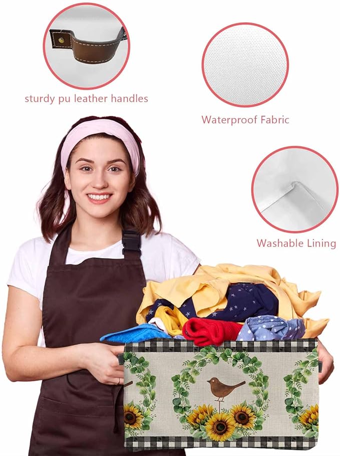 Spring Eucalyptus Sunflower Storage Bins Cubes Waterproof Cloth Storage Basket,Farmhouse Birds Rustic Burlap Foldable Storage Bags for Shelf Clothes Storages Organizers with Handles 15x11x9.5 in 1PCS