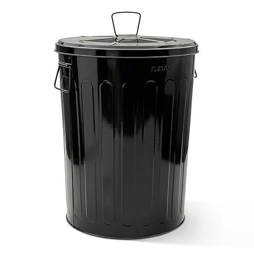 Plexon 20 Gallon Metal Trash Can with Lid Outdoor Large Trash Bin Steel Garbage Can for Garage Patio Farmhouse Bucket Bird Seed Storage Can Heavy Duty Round Container, Black
