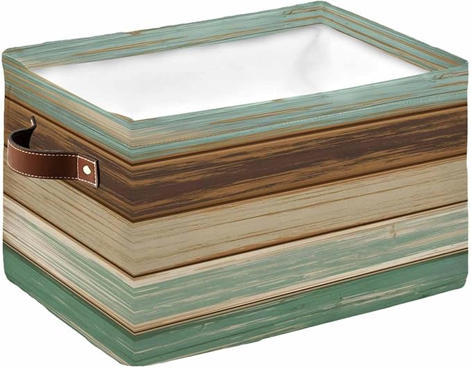 Teal Brown Storage Bins Cubes Waterproof Cloth Storage Basket, Farmhouse Rustic Wooden Plank Board Foldable Storage Bags for Shelf Closet Clothes Storage Organizers with Handles 15x11x9.5 in 1PCS