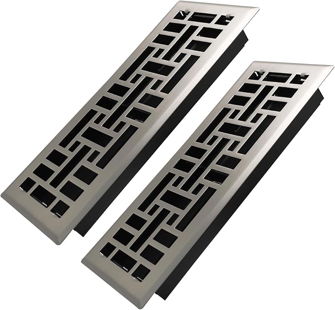 Howeall 4x12 Inches 2 Pack Heavy Duty Walkable Floor Register Easy Adjust Air Supply Lever Floor Vents - Seattle Design - Vent Cover for Home Floor - Satin Nickel