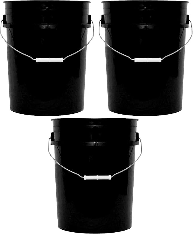 MKS Plastics 5-Gallon Bucket Only – No Lid Included, Made in USA, Food Grade BPA Free Plastic, Heavy Duty Multi-Use, Metal Handle with Grip, Stackable Storage – Black, 3 Pack