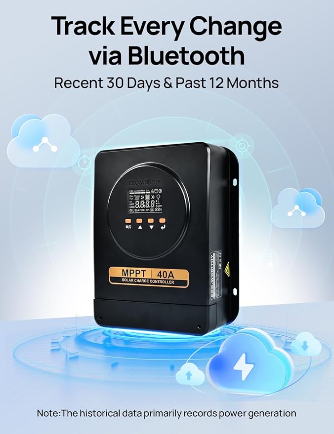 ECO-WORTHY MPPT Solar Charge Controller 40A with Bluetooth, 12V/24V Auto, LCD Display, Compatible with LiFePO4 Gel SLA Battery, Lithium Battery Activation for Solar Panels