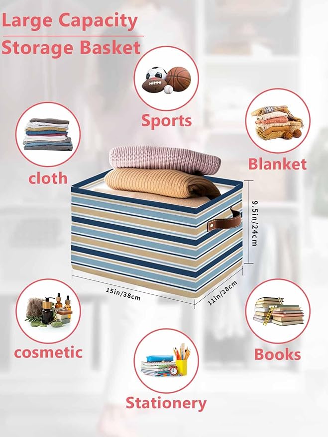 Blue Khaki Striped Storage Bins Cubes Waterproof Cloth Storage Basket,Farmhouse Stripes Modern Abstract Art Foldable Storage Bags for Shelf Clothes Storages Organizers with Handles 15x11x9.5 in 2PCS