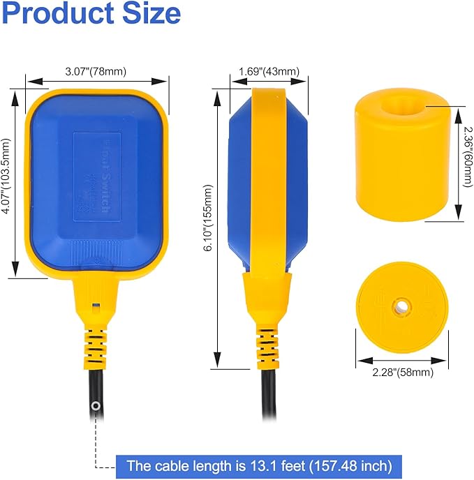 Baomain 4M 13ft Cable Float Switch, Water Level Controller, for Tank Pump, Water Tank or Sewage System On Auto Pilot, with Counterweight